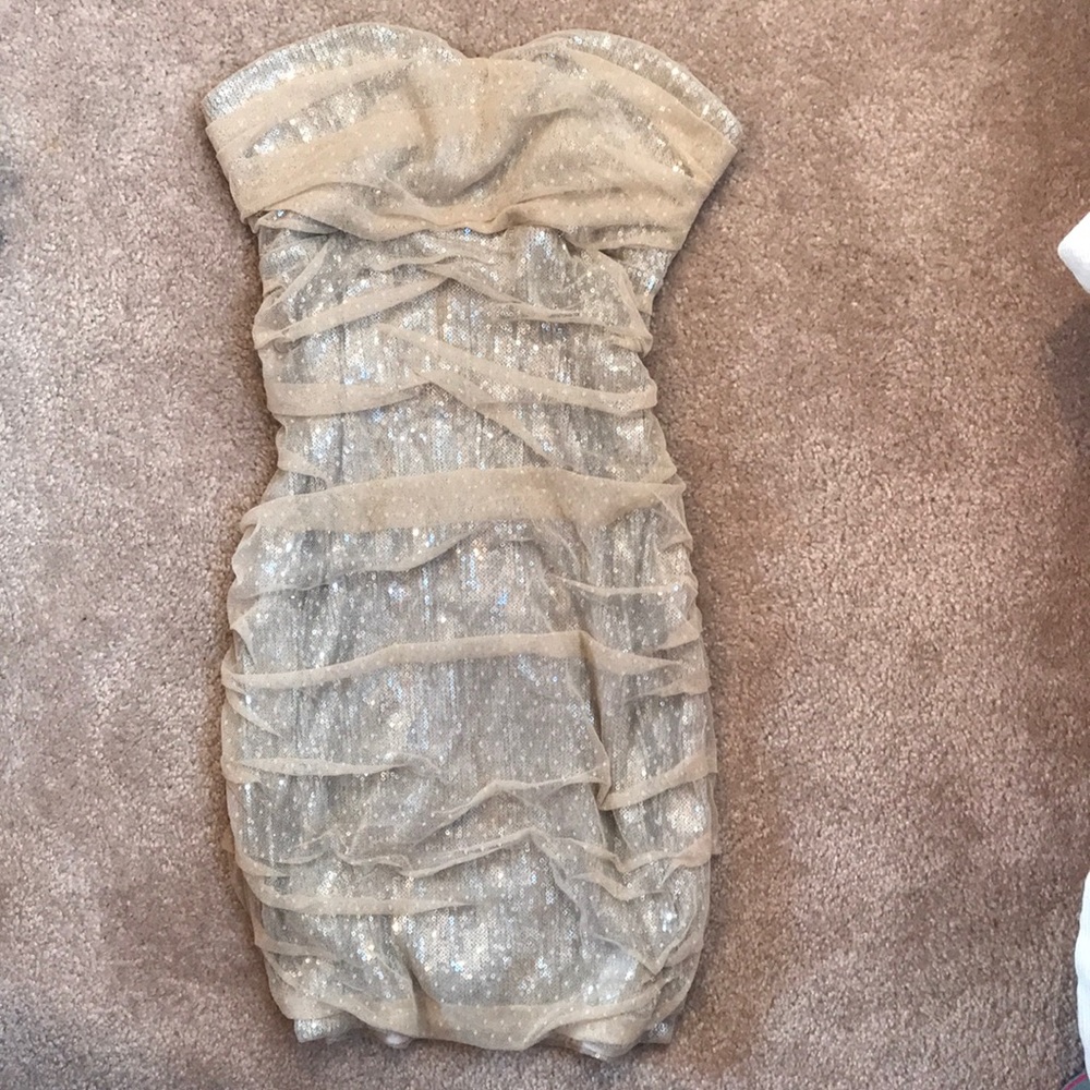 Express Cream Sequin Strapless Cocktail Dress
